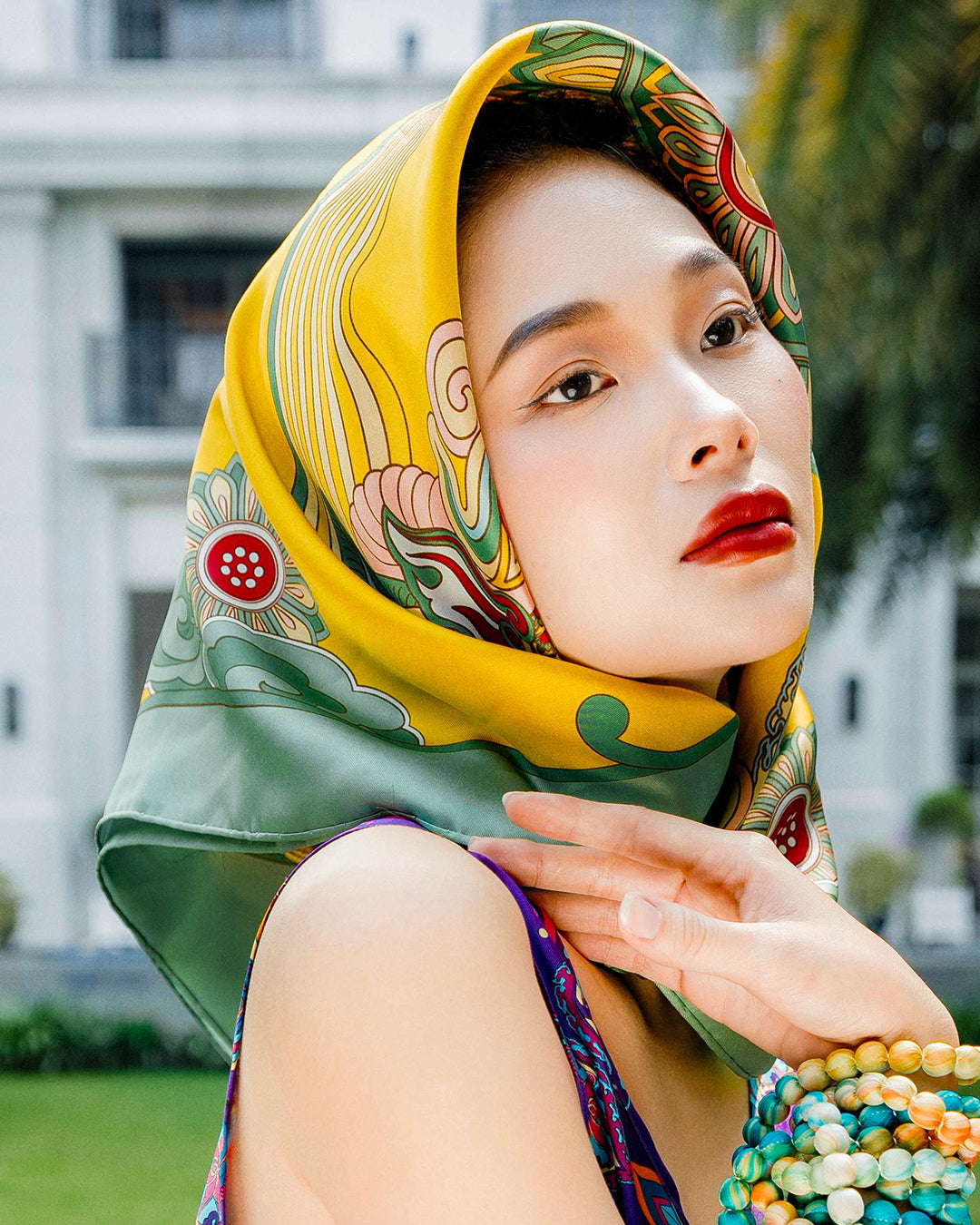 Khăn Lụa Vuông Hương Vân Long Mộng / Xanh Lá & Vàng / Quà Tặng Cao Cấp