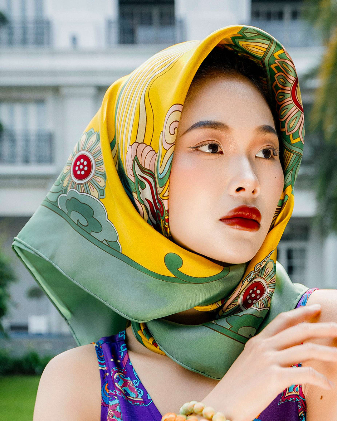 Khăn Lụa Vuông Hương Vân Long Mộng / Xanh Lá & Vàng / Quà Tặng Cao Cấp