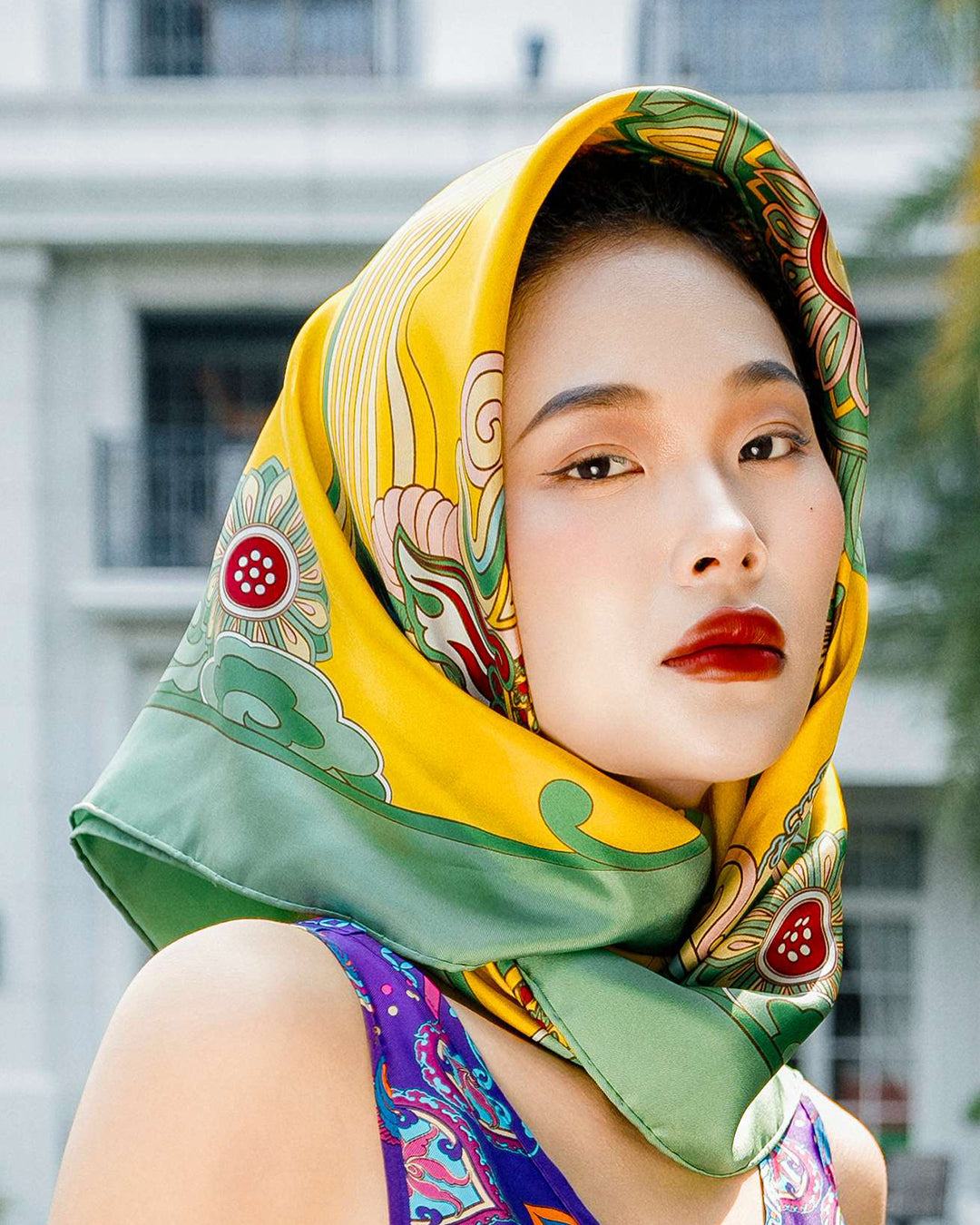 Khăn Lụa Vuông Hương Vân Long Mộng / Xanh Lá & Vàng / Quà Tặng Cao Cấp