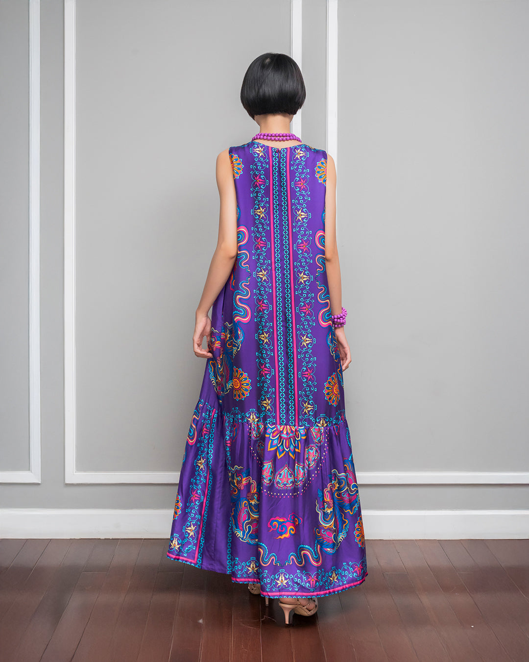 Đầm Max Boho Lụa 1970 Không Tay / Hoạ tiết Phụng Vũ Vân Ca Tím