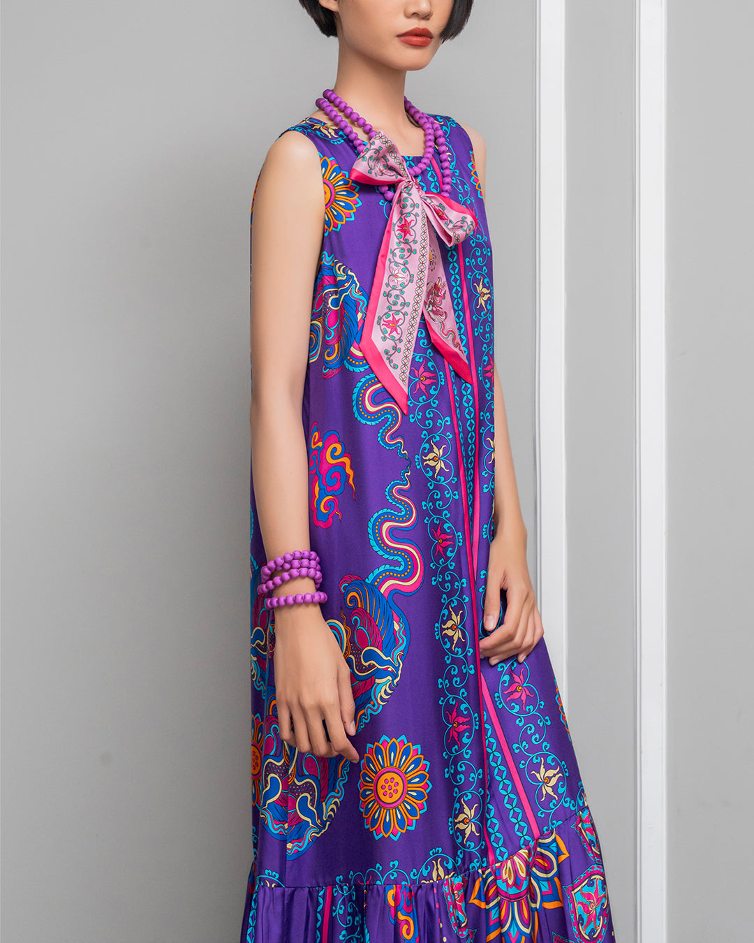 Đầm Max Boho Lụa 1970 Không Tay / Hoạ tiết Phụng Vũ Vân Ca Tím
