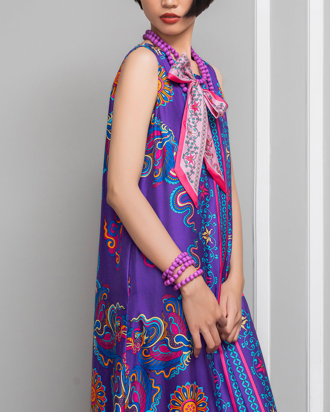 Đầm Max Boho Lụa 1970 Không Tay / Hoạ tiết Phụng Vũ Vân Ca Tím