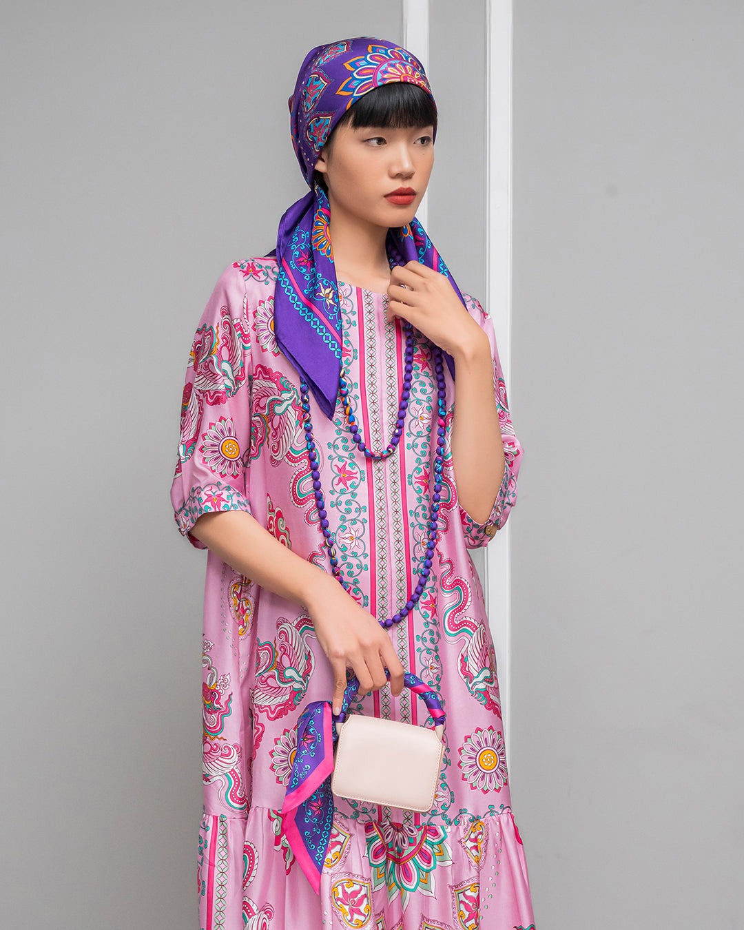 Đầm Max Boho Lụa 1970 / Hoạ tiết Phụng Vũ Vân Ca Hồng Phấn