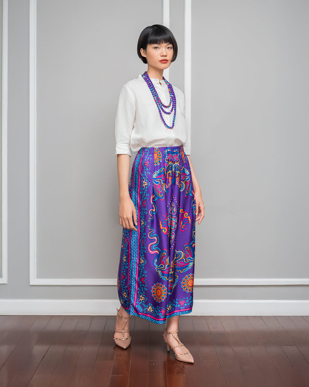 Quần Suông Ống Rộng Lụa 1932 / Hoạ tiết Phụng Vũ Vân Ca Tím