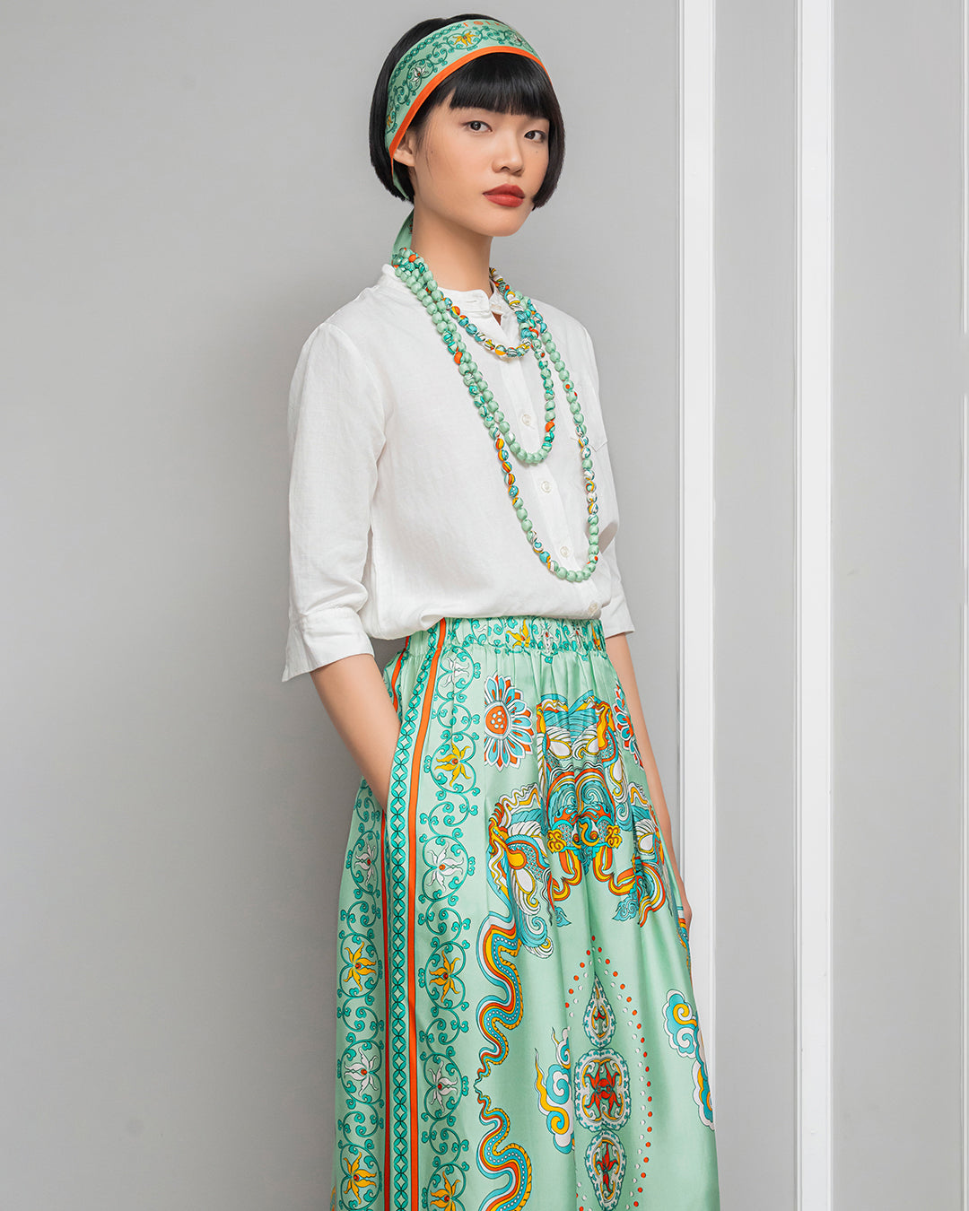 Quần Suông Ống Rộng Lụa 1932 / Hoạ tiết Phụng Vũ Vân Ca Xanh Lá Nhạt