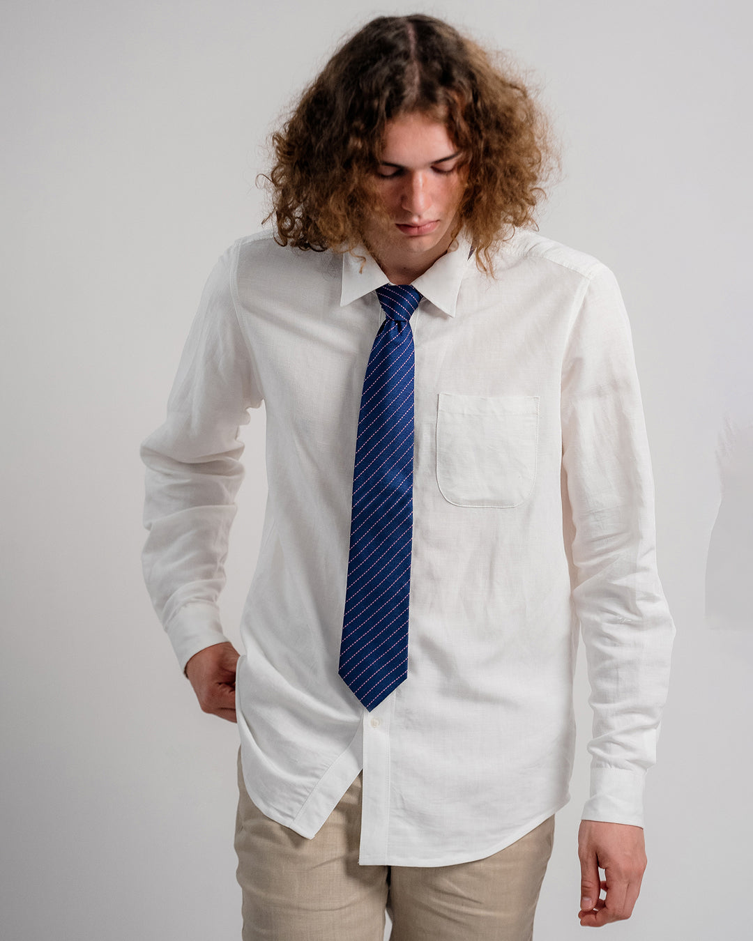 Cà Vạt Gấm Hoa Văn Kẻ Màu / Xanh Lam Đậm & Hồng / Bản 8cm