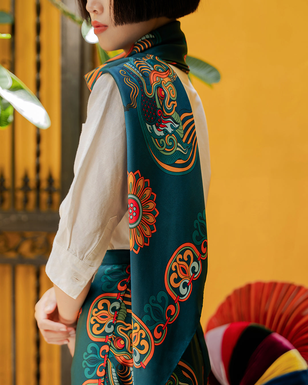 Khăn Lụa Vuông Mây Hoạ Long Ân / Xanh Lá Đậm