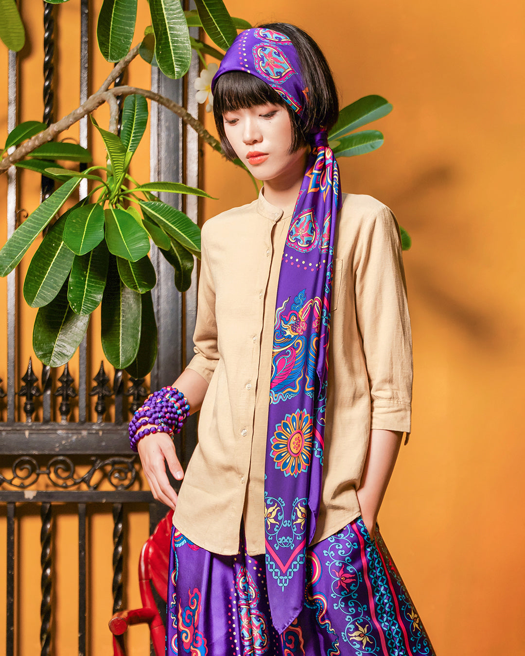 Khăn Lụa Vuông Phụng Vũ Vân Ca / Tím / Quà Tặng Cao Cấp