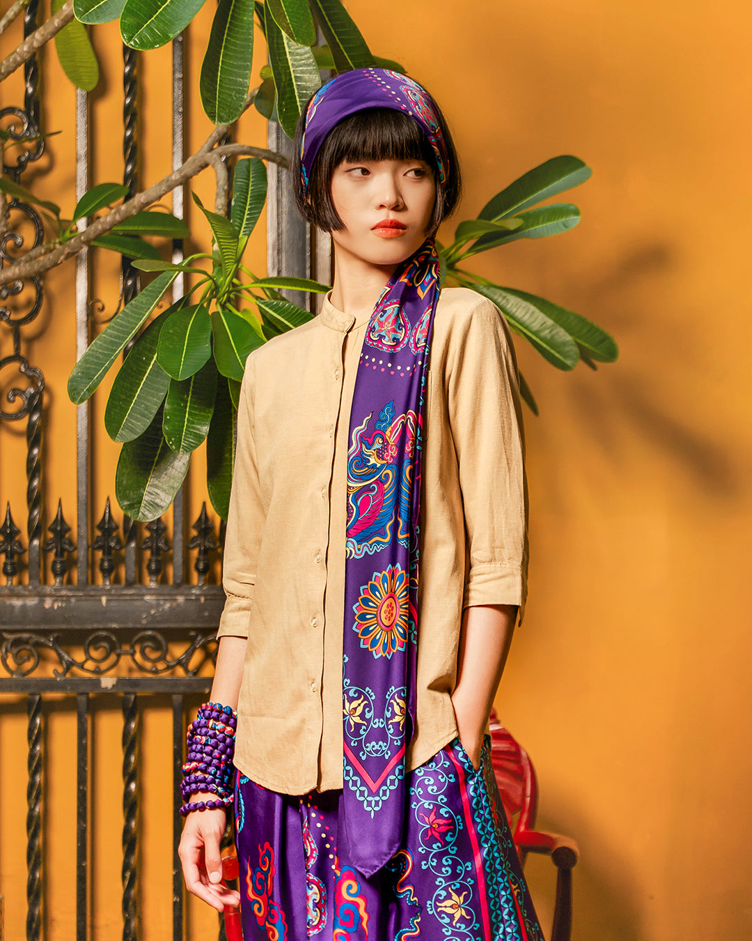 Khăn Lụa Vuông Phụng Vũ Vân Ca / Tím / Quà Tặng Cao Cấp
