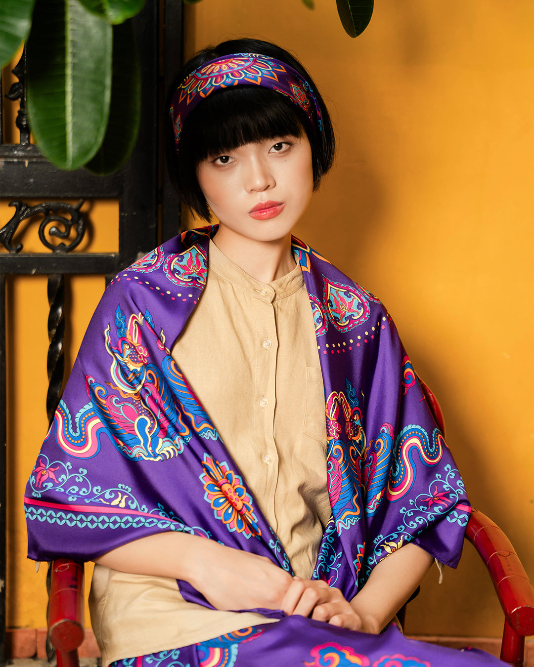 Khăn Lụa Vuông Phụng Vũ Vân Ca / Tím / Quà Tặng Cao Cấp