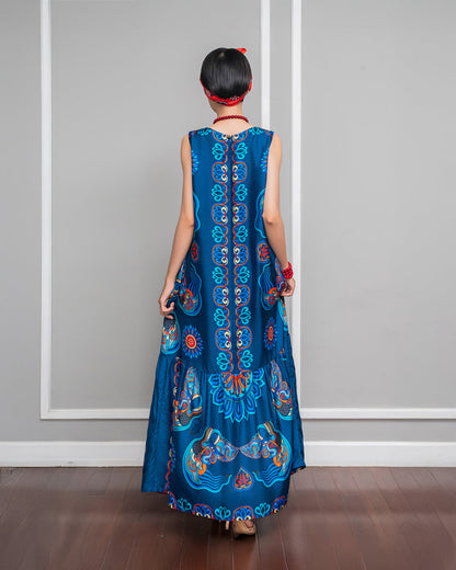 Đầm Max Boho Lụa 1970 Không Tay / Hoạ tiết Mây Hoạ Long Ân Xanh Dương