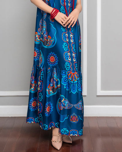Đầm Max Boho Lụa 1970 Không Tay / Hoạ tiết Mây Hoạ Long Ân Xanh Dương