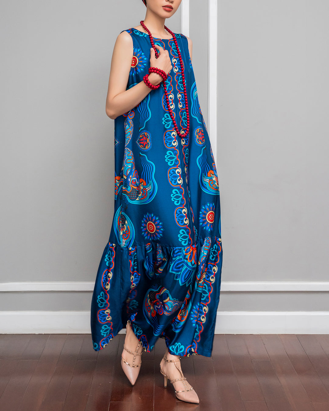 Đầm Max Boho Lụa 1970 Không Tay / Hoạ tiết Mây Hoạ Long Ân Xanh Dương
