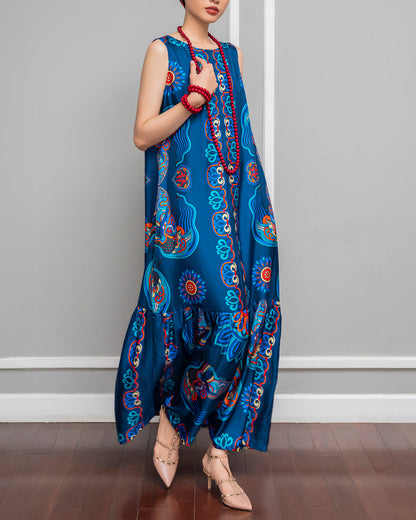 Đầm Max Boho Lụa 1970 Không Tay / Hoạ tiết Mây Hoạ Long Ân Xanh Dương