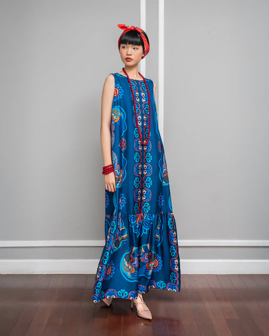 Đầm Max Boho Lụa 1970 Không Tay / Hoạ tiết Mây Hoạ Long Ân Xanh Dương