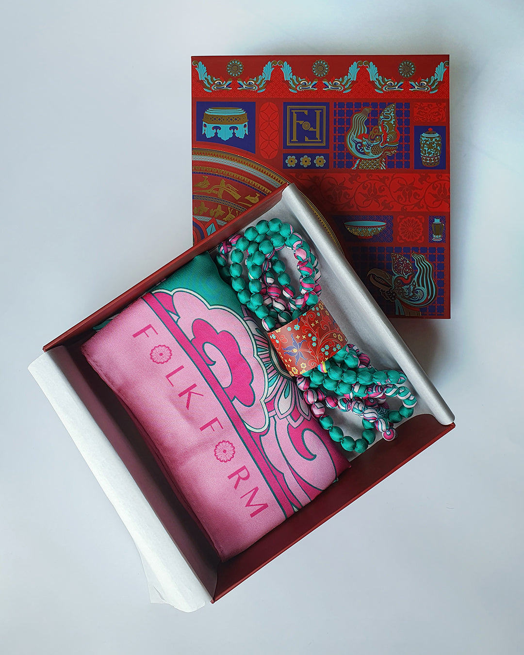 Quà Tặng Cao Cấp Tinh Hoa / Khăn Lụa Vuông Hương Vân Long Mộng / Xanh Ngọc & Hồng