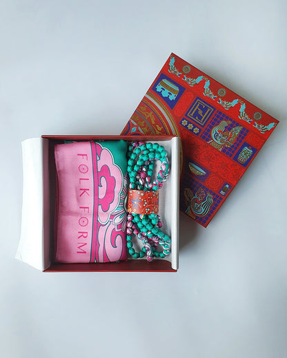 Quà Tặng Cao Cấp / Khăn Lụa Vuông Hương Vân Long Mộng / Xanh Ngọc & Hồng