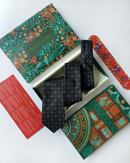 Cà Vạt Lụa Gấm Hoa Văn Huyền Ngọc Kèm Đôi Khuy Măng Sét / 8cm x 145cm