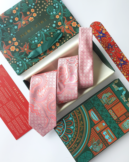 Quà Tặng Cao Cấp / Cà Vạt Lụa Gấm Hoa Văn Hồng Long / 8cm x 145cm