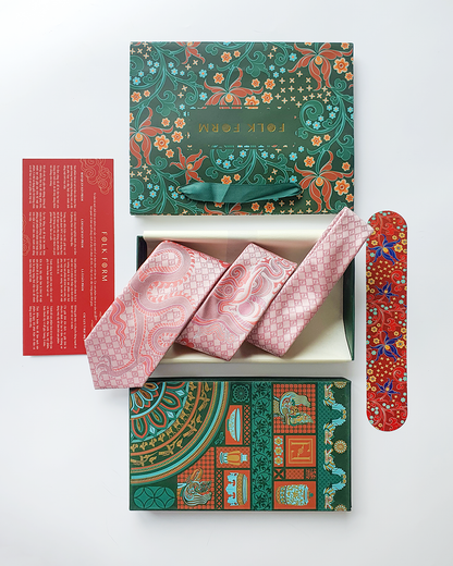 Quà Tặng Cao Cấp / Cà Vạt Lụa Gấm Hoa Văn Hồng Long / 8cm x 145cm