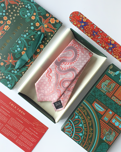 Quà Tặng Cao Cấp / Cà Vạt Lụa Gấm Hoa Văn Hồng Long / 8cm x 145cm