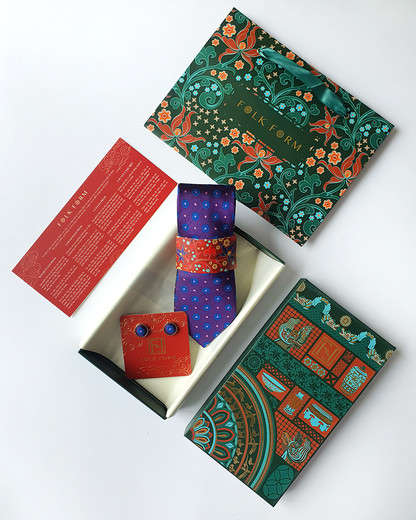 Quà Tặng Cao Cấp / Cà Vạt Lụa Gấm Hoa Văn Tử Liên Kèm Đôi Khuy Măng Sét / 8cm x 145cm