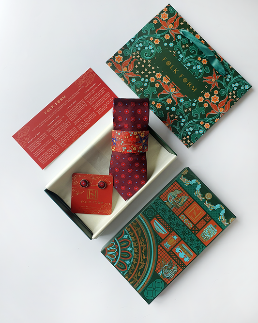 Quà Tặng Cao Cấp / Cà Vạt Lụa Gấm Hoa Văn Chu Sa Kèm Đôi Khuy Măng Sét / 8cm x 145cm