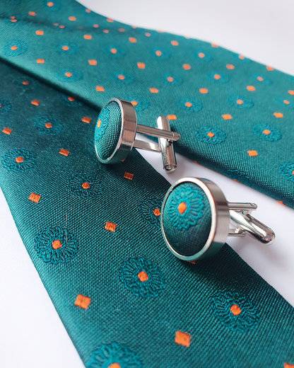 Quà Tặng Cao Cấp / Cà Vạt Lụa Gấm Hoa Văn Lục Bảo Kèm Đôi Khuy Măng Sét / 8cm x 145cm