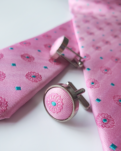 Cà Vạt Lụa Gấm Hoa Văn Phong Lưu Kèm Đôi Khuy Măng Sét / 8cm x 145cm