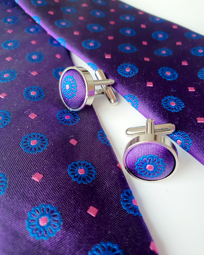 Quà Tặng Cao Cấp / Cà Vạt Lụa Gấm Hoa Văn Tử Liên Kèm Đôi Khuy Măng Sét / 8cm x 145cm