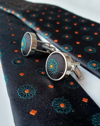 Cà Vạt Lụa Gấm Hoa Văn Huyền Ngọc Kèm Đôi Khuy Măng Sét / 8cm x 145cm