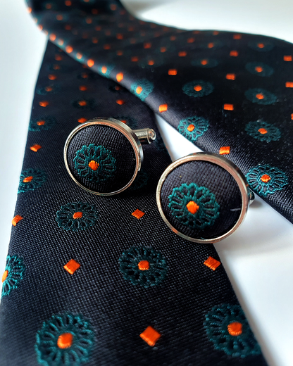 Cà Vạt Lụa Gấm Hoa Văn Huyền Ngọc Kèm Đôi Khuy Măng Sét / 8cm x 145cm