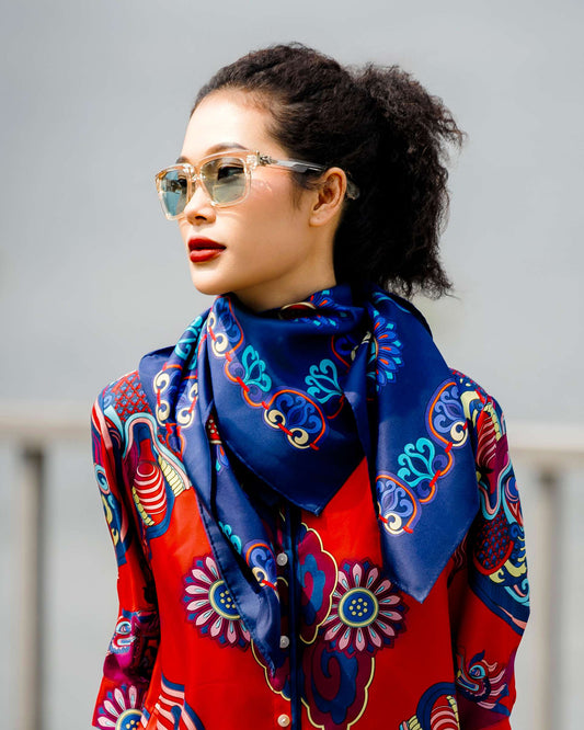Khăn Lụa Vuông Mây Hoạ Long Ân / Xanh Dương