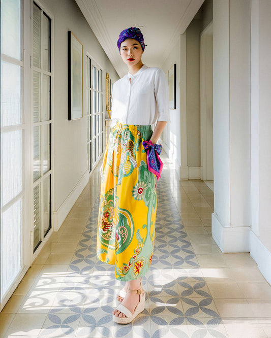 Quần Suông Ống Rộng Lụa 1932 / Họa tiết Hương Vân Long Mộng Vàng & Xanh Lá
