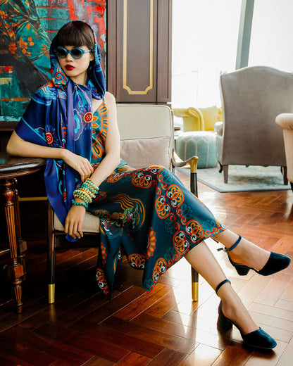Đầm Suông Hai Dây Lụa Thập Niên 1930 / Hoạ tiết Mây Hoạ Long Ân Xanh Cổ Vịt