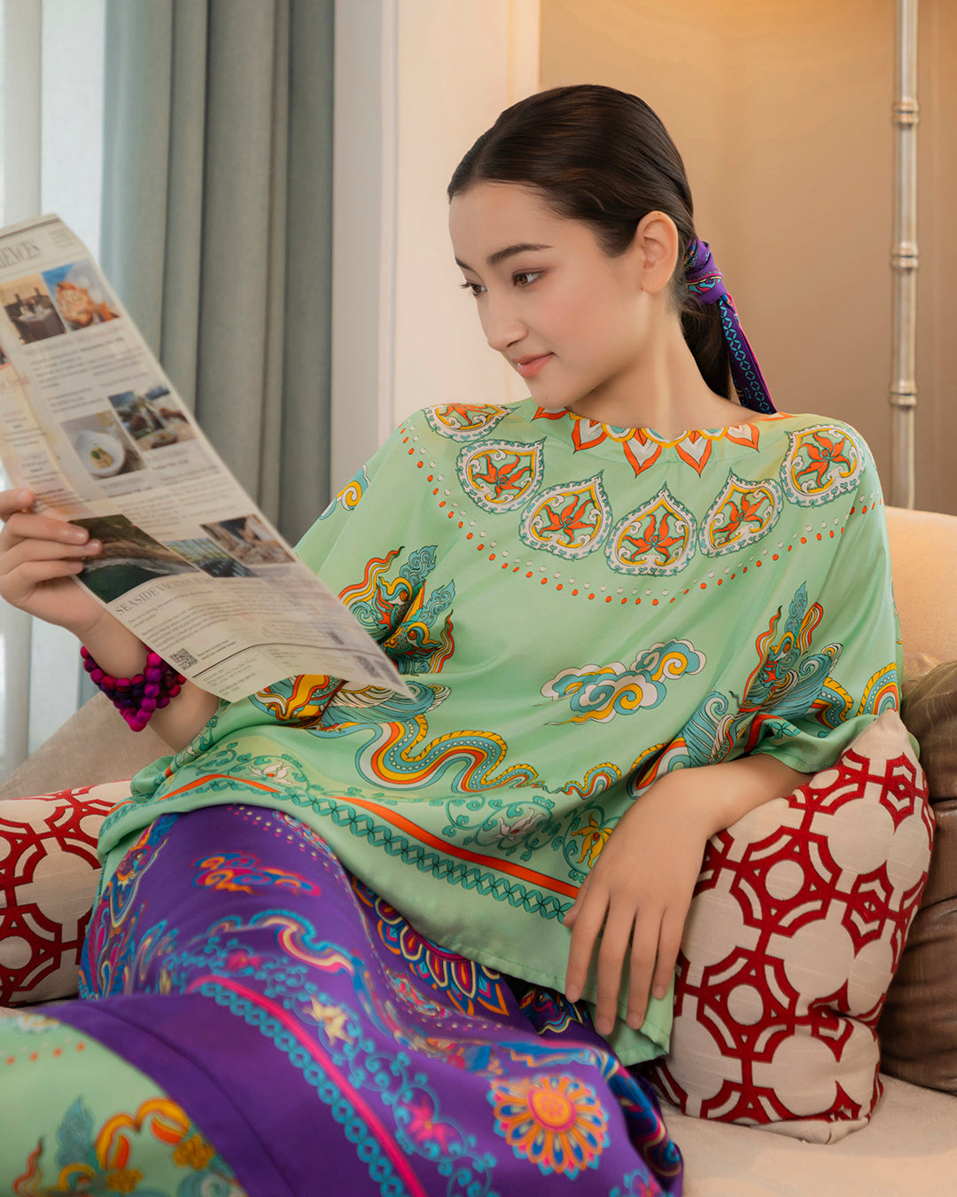 Áo Cánh Dơi Lụa Thập Niên 1940 / Hoạ tiết Phụng Vũ Vân Ca Xanh Lá Nhạt