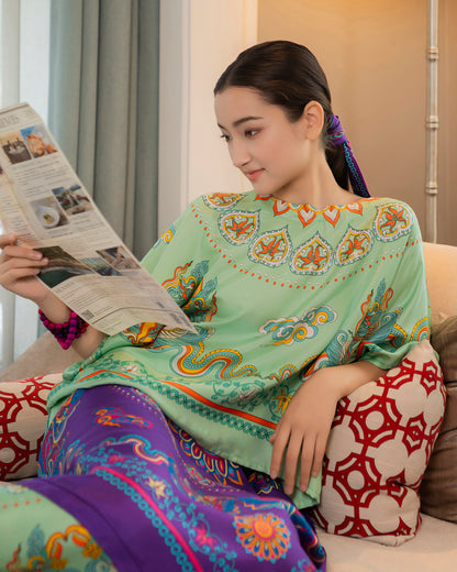 Áo Cánh Dơi Lụa Thập Niên 1940 / Hoạ tiết Phụng Vũ Vân Ca Xanh Lá Nhạt