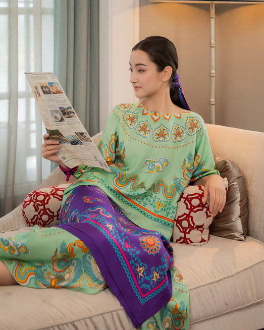 Áo Cánh Dơi Lụa Thập Niên 1940 / Hoạ tiết Phụng Vũ Vân Ca Xanh Lá Nhạt