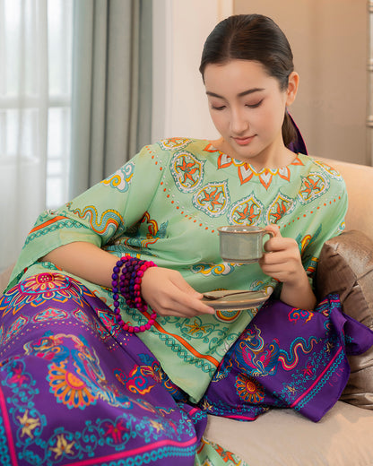 Áo Cánh Dơi Lụa Thập Niên 1940 / Hoạ tiết Phụng Vũ Vân Ca Xanh Lá Nhạt