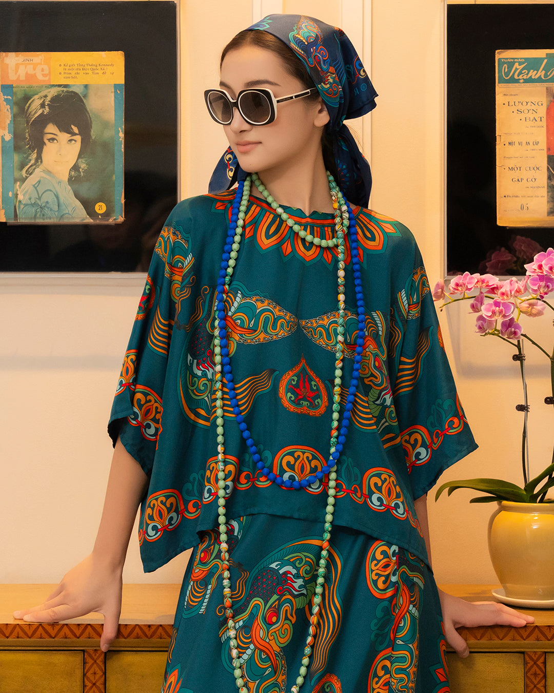 Áo Cánh Dơi Lụa Thập Niên 1940 / Hoạ tiết Mây Hoạ Long Ân Xanh Cổ Vịt