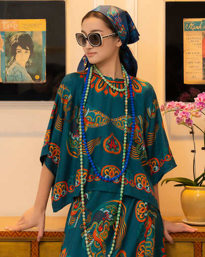Áo Cánh Dơi Lụa Thập Niên 1940 / Hoạ tiết Mây Hoạ Long Ân Xanh Cổ Vịt
