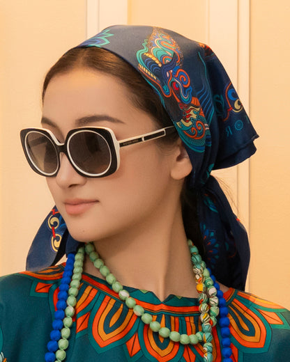 Khăn Lụa Mây Hoạ Long Ân / Xanh Dương / 65x65