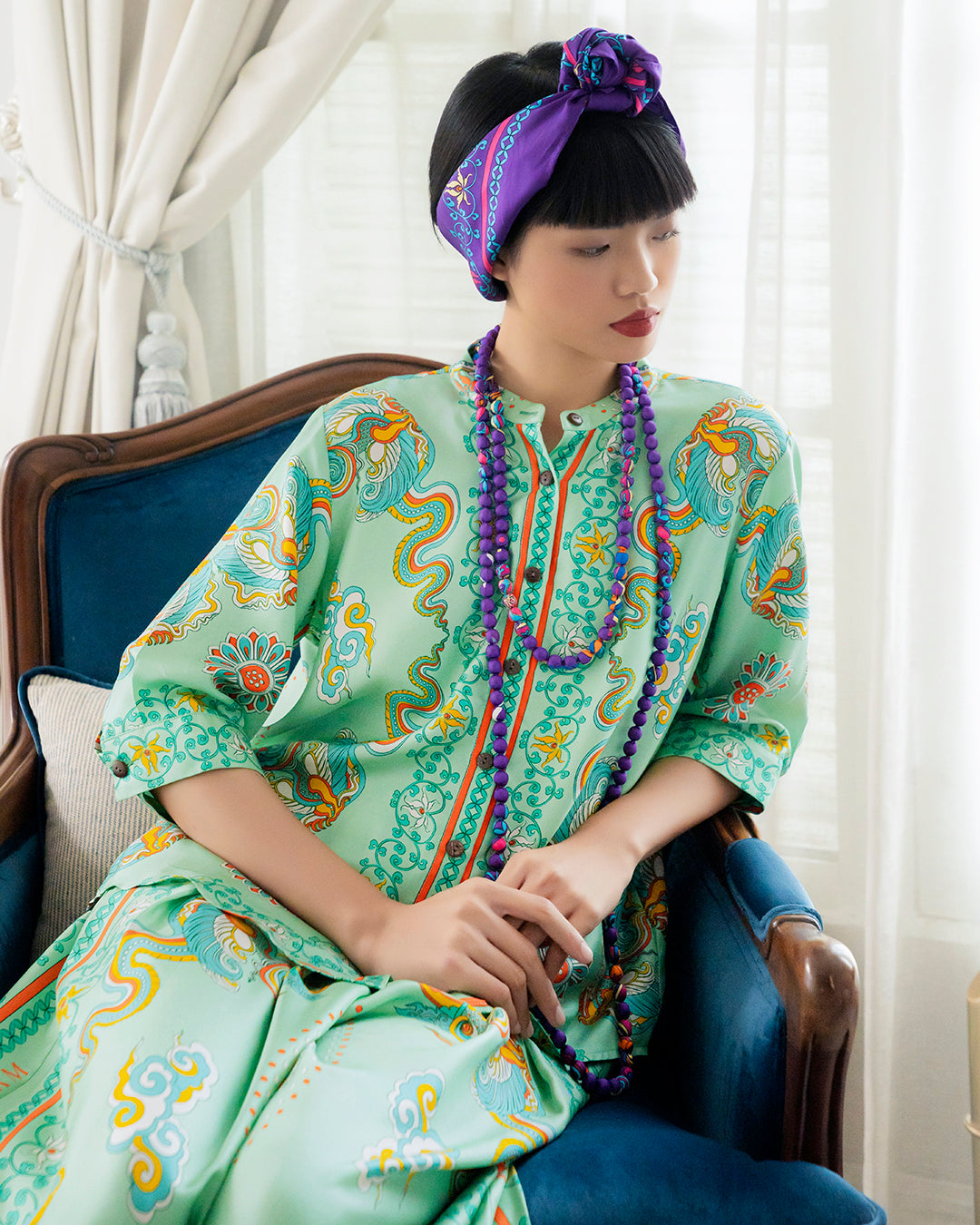 Áo Sơ Mi Lụa Giải Phóng 1925 / Hoạ tiết Phụng Vũ Vân Ca Xanh Lá Nhạt