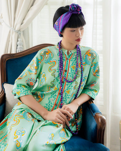 Áo Sơ Mi Lụa Giải Phóng 1925 / Hoạ tiết Phụng Vũ Vân Ca Xanh Lá Nhạt