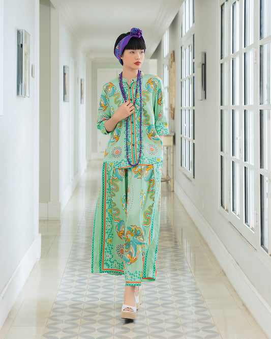 Áo Sơ Mi Lụa Giải Phóng 1925 / Hoạ tiết Phụng Vũ Vân Ca Xanh Lá Nhạt