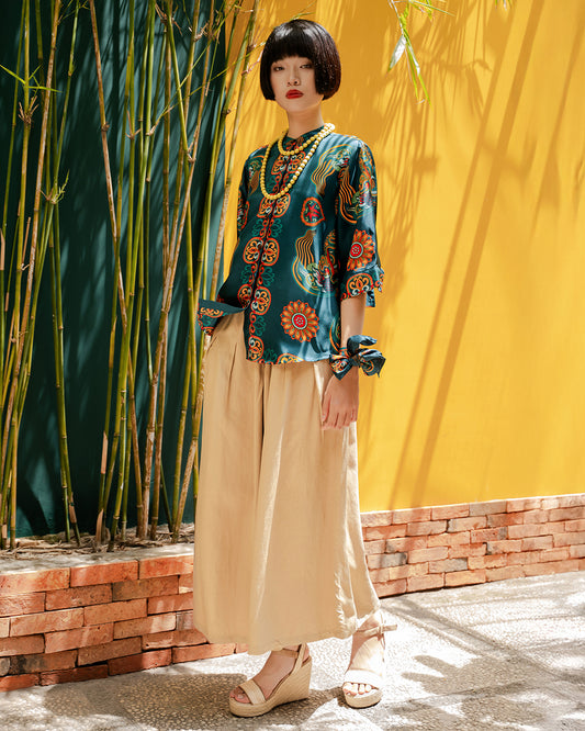Áo Sơ Mi Lụa Giải Phóng 1925 / Hoạ tiết Mây Hoạ Long Ân Xanh Cổ Vịt