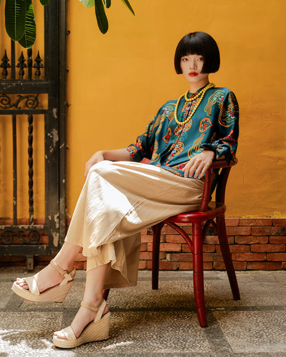 Áo Sơ Mi Lụa Giải Phóng 1925 / Hoạ tiết Mây Hoạ Long Ân Xanh Cổ Vịt