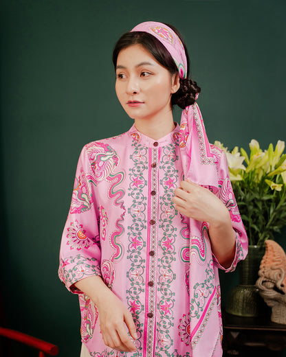 Khăn Lụa Vuông Phụng Vũ Vân Ca / Hồng / Quà Tặng Cao Cấp