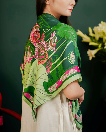 Khăn Lụa Uyên Ương Liên Hạ / Xanh Lá & Hồng / 90x90cm / 36x36in