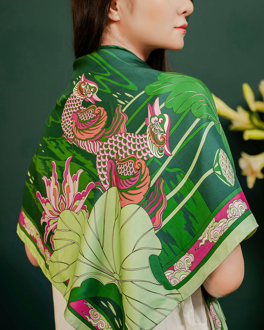 Khăn Lụa Uyên Ương Liên Hạ / Xanh Lá & Hồng / 90x90cm / 36x36in